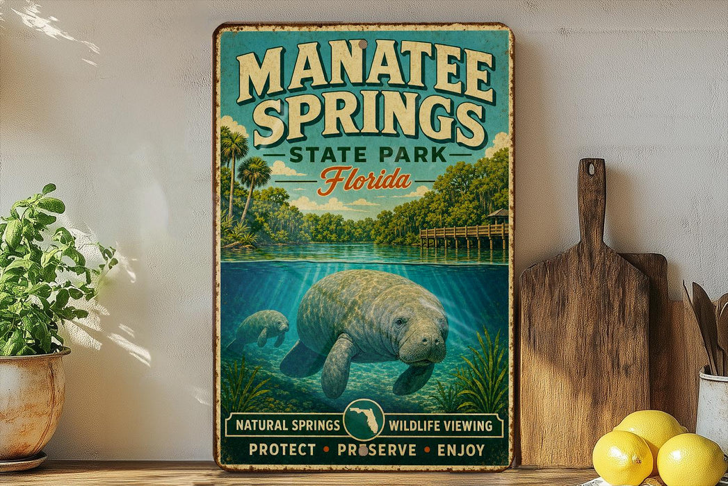 A vintage-style sign for Manatee Springs State Park in Florida, featuring an illustration of a manatee swimming in the water.
