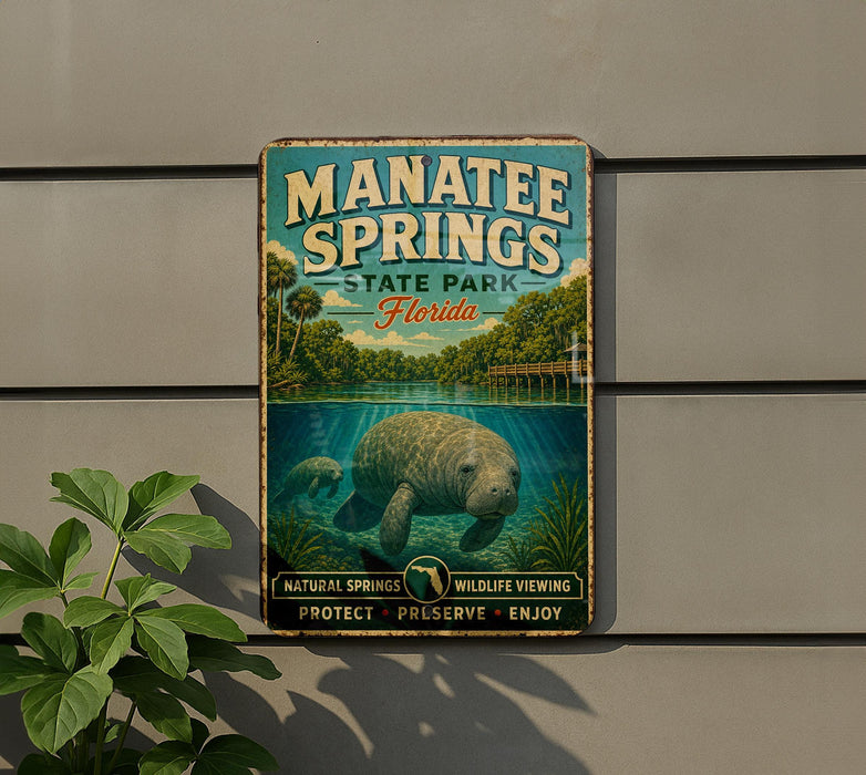 A vintage-style sign for Manatee Springs State Park in Florida, featuring a manatee swimming in a body of water surrounded by lush greenery.