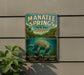 A vintage-style sign for Manatee Springs State Park in Florida, featuring a manatee swimming in a body of water surrounded by lush greenery.