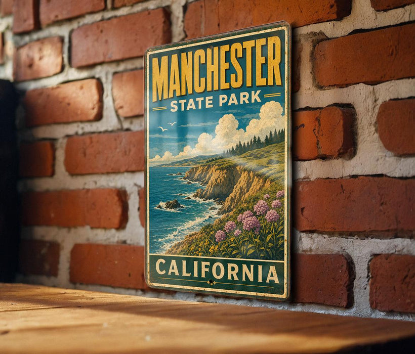 A vintage-style metal sign for Manchester State Park in California, featuring a coastal landscape with cliffs, flowers, and the ocean.