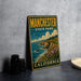 A vintage-style sign for Manchester State Park in California, featuring a scenic coastal landscape with cliffs, water, and flowers.