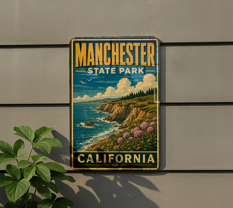 A vintage-style metal sign for Manchester State Park in California, featuring a scenic coastal landscape with cliffs, ocean, and flowers.