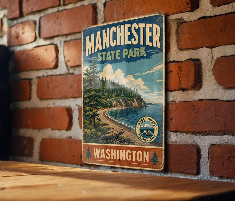 A vintage-style metal sign for Manchester State Park in Washington, featuring a scenic landscape with a lake, mountains, and pine trees.