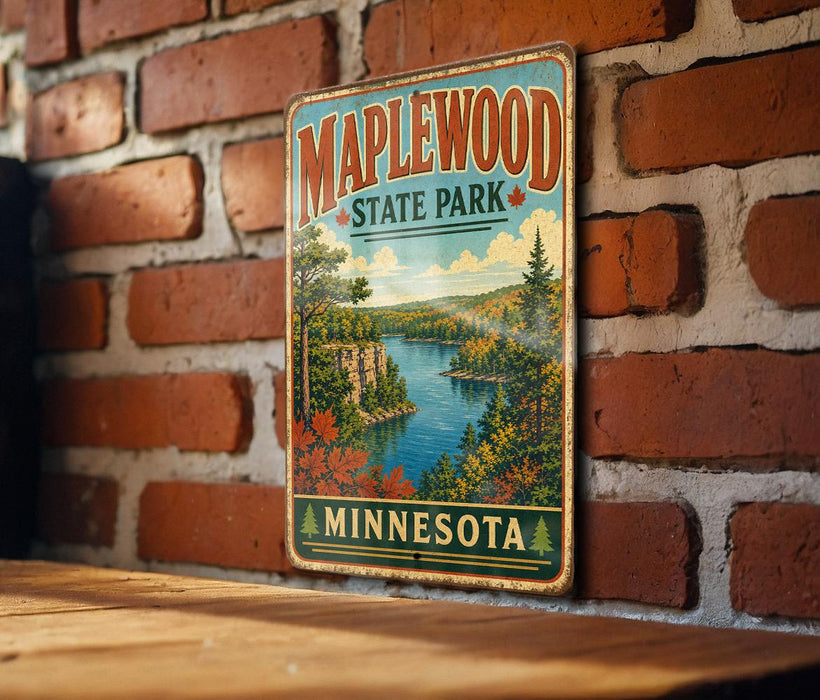 A vintage-style metal sign for Maplewood State Park in Minnesota, featuring a scenic landscape with a lake and forest.