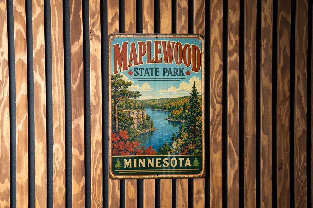 A vintage-style metal sign for Maplewood State Park in Minnesota, featuring a scenic landscape with a lake, mountains, and autumn foliage.
