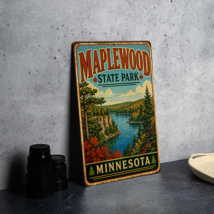 A vintage-style metal sign for Maplewood State Park in Minnesota, featuring a scenic landscape with a lake and forest.