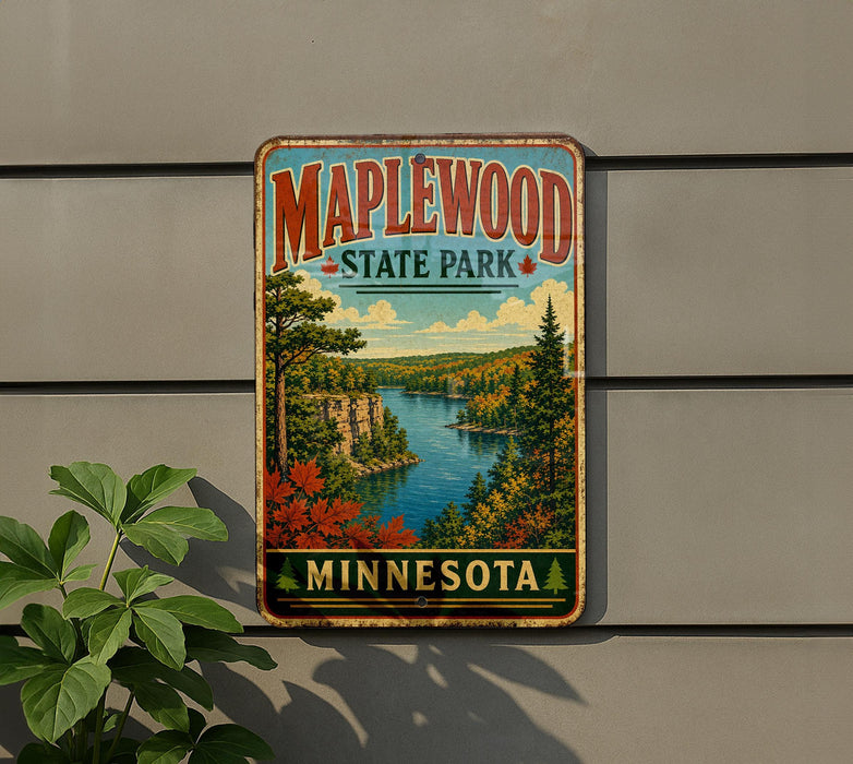 A vintage-style metal sign for Maplewood State Park in Minnesota, featuring a scenic landscape with a lake, mountains, and autumn foliage.