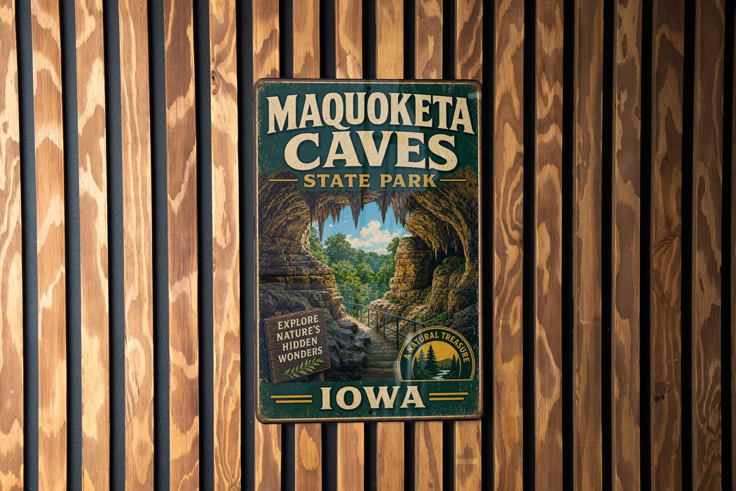 A vintage metal sign for the Maquoketa Caves State Park in Iowa, featuring a scenic illustration of the cave system.