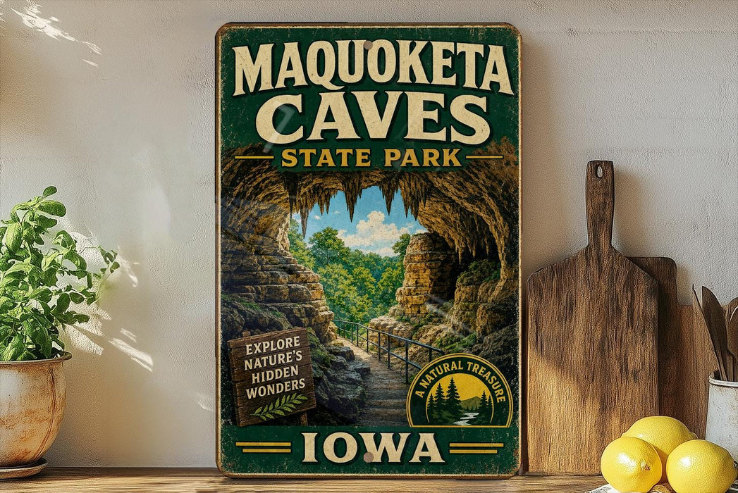 a vintage-style sign for the Maquoketa Caves State Park in Iowa, with a scenic image of the cave system and a wooden sign that reads "Explore nature's hidden wonders".