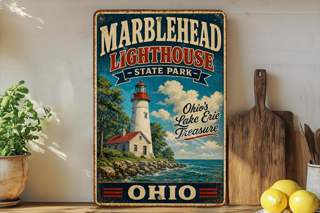 A vintage-style sign for Marblehead Lighthouse State Park, featuring a lighthouse and a scenic landscape.