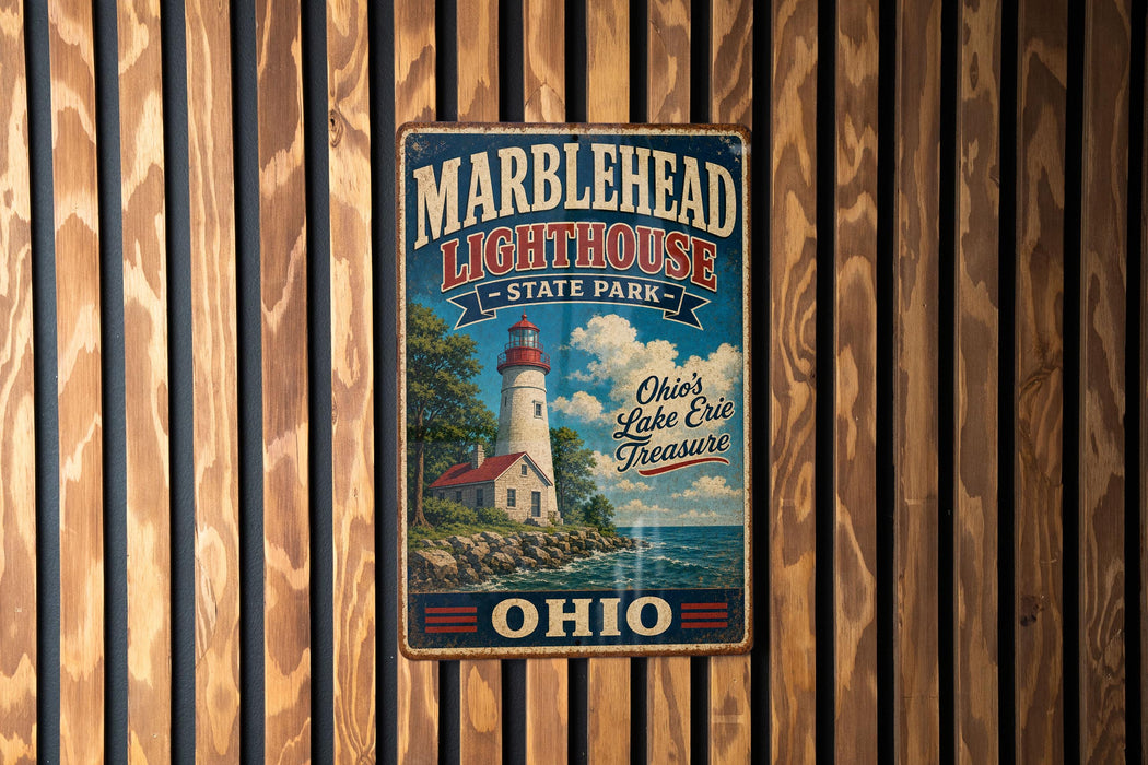 A vintage-style metal sign for Marblehead Lighthouse State Park in Ohio, featuring a lighthouse and a scenic landscape.