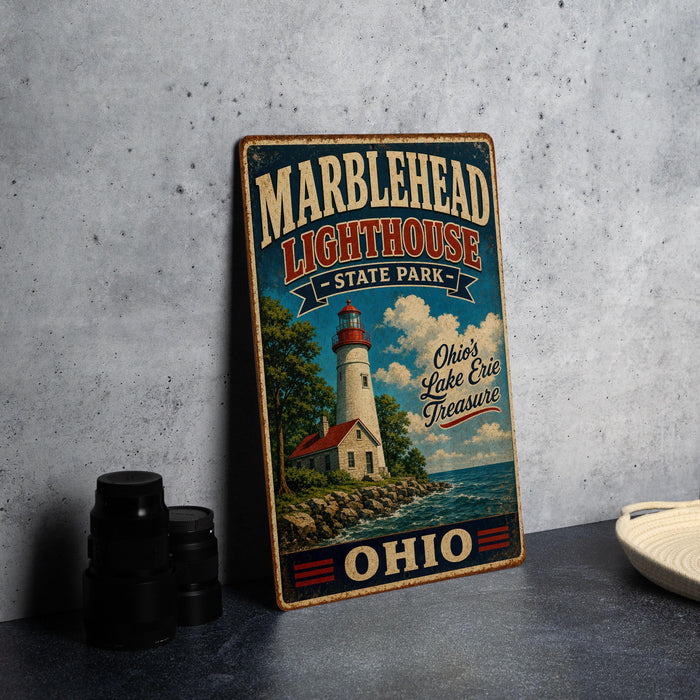 A vintage-style metal sign for Marblehead Lighthouse State Park in Ohio, featuring a lighthouse and a scenic landscape.