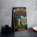 A vintage-style metal sign for Marblehead Lighthouse State Park in Ohio, featuring a lighthouse and a scenic landscape.