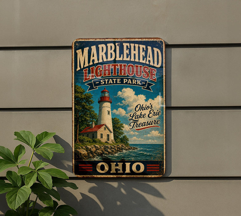 A vintage-style metal sign for the Marblehead Lighthouse State Park in Ohio, featuring a lighthouse and a scenic landscape.