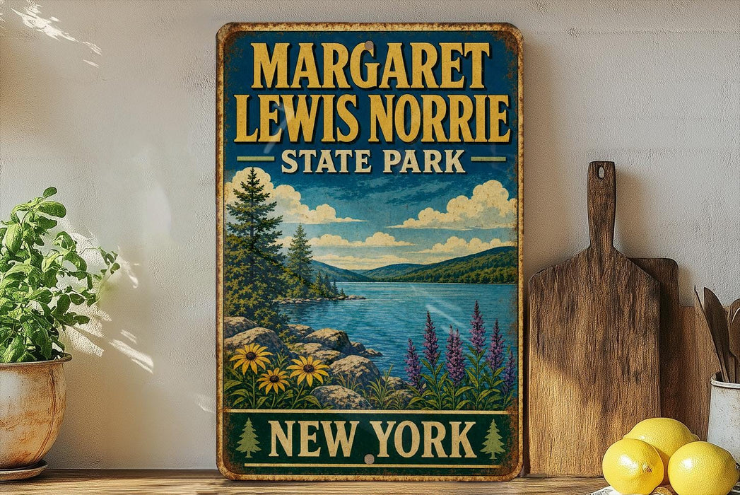 A vintage-style metal sign for Margaret Lewis Norrie State Park in New York, featuring a scenic landscape with a lake, mountains, and flowers.