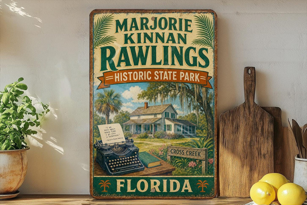 A vintage-style sign for Marjorie Kinnan Rawlings Historic State Park in Florida, featuring a typewriter, a house, and palm trees.