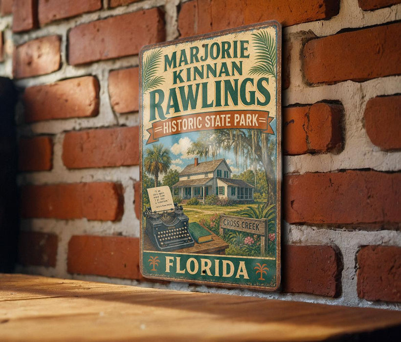 A vintage-style metal sign for Marjorie Kinnan Rawlings Historic State Park in Florida, featuring a typewriter and palm trees.