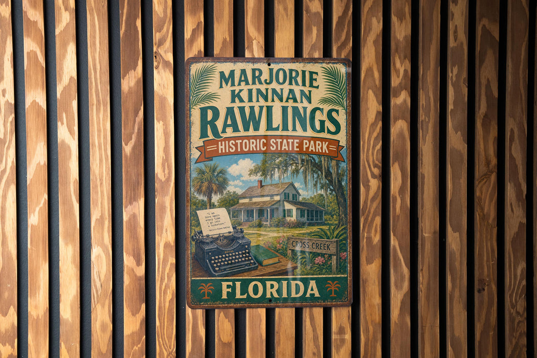 A vintage-style metal sign for Marjorie Kinnan Rawlings Historic State Park in Florida, featuring a typewriter and a house surrounded by palm trees.