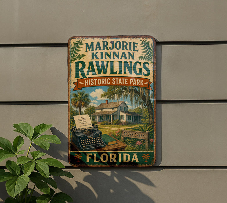 A vintage-style metal sign for Marjorie Kinnan Rawlings Historic State Park in Florida, featuring a typewriter and palm trees.