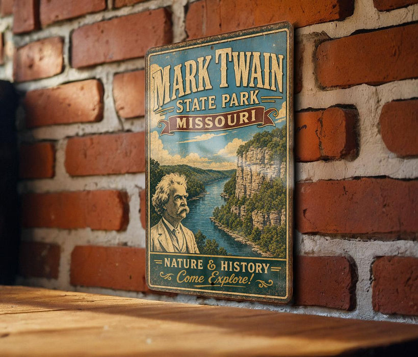 A vintage-style metal sign featuring the name "Mark Twain" and the location "State Park, Missouri" is displayed on a brick wall.