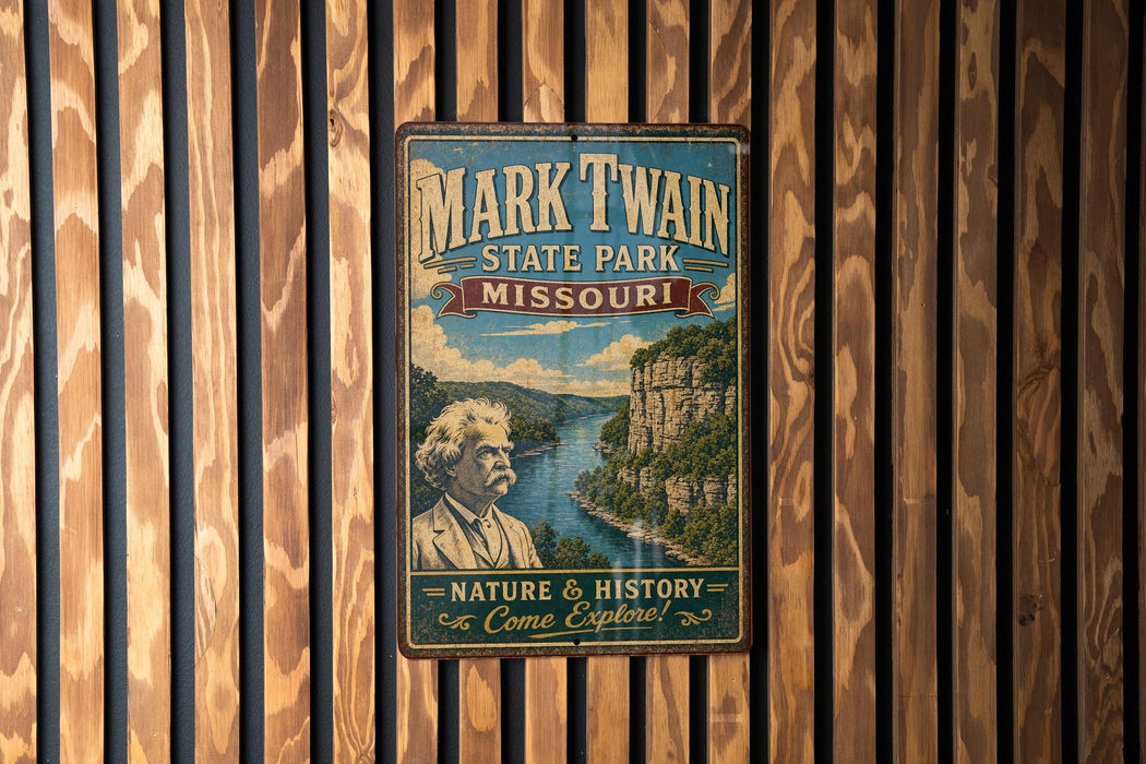 A vintage metal sign for Mark Twain State Park in Missouri, featuring a scenic illustration of a river and mountains.