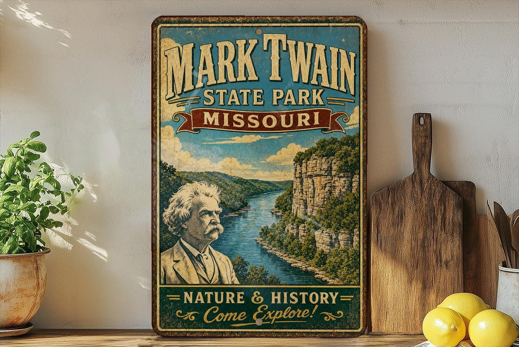A vintage-style poster of Mark Twain, the famous American author, is displayed on a wall next to a wooden cutting board and some potted plants.
