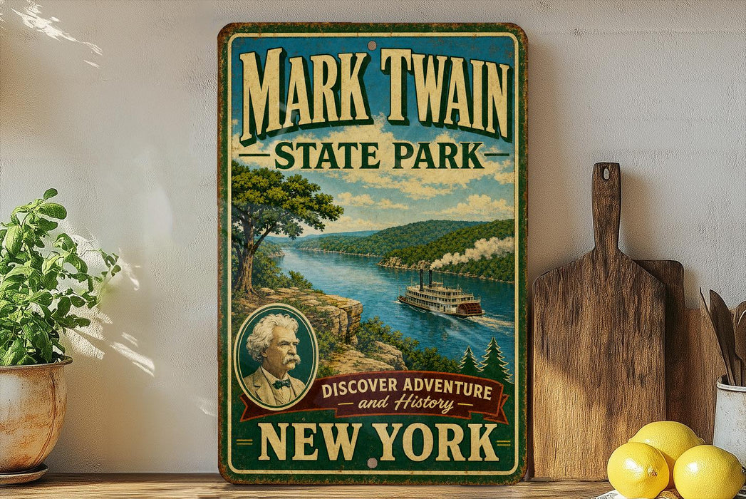 A vintage-style sign for Mark Twain State Park in New York, featuring a scenic landscape with a river, mountains, and a steamboat.