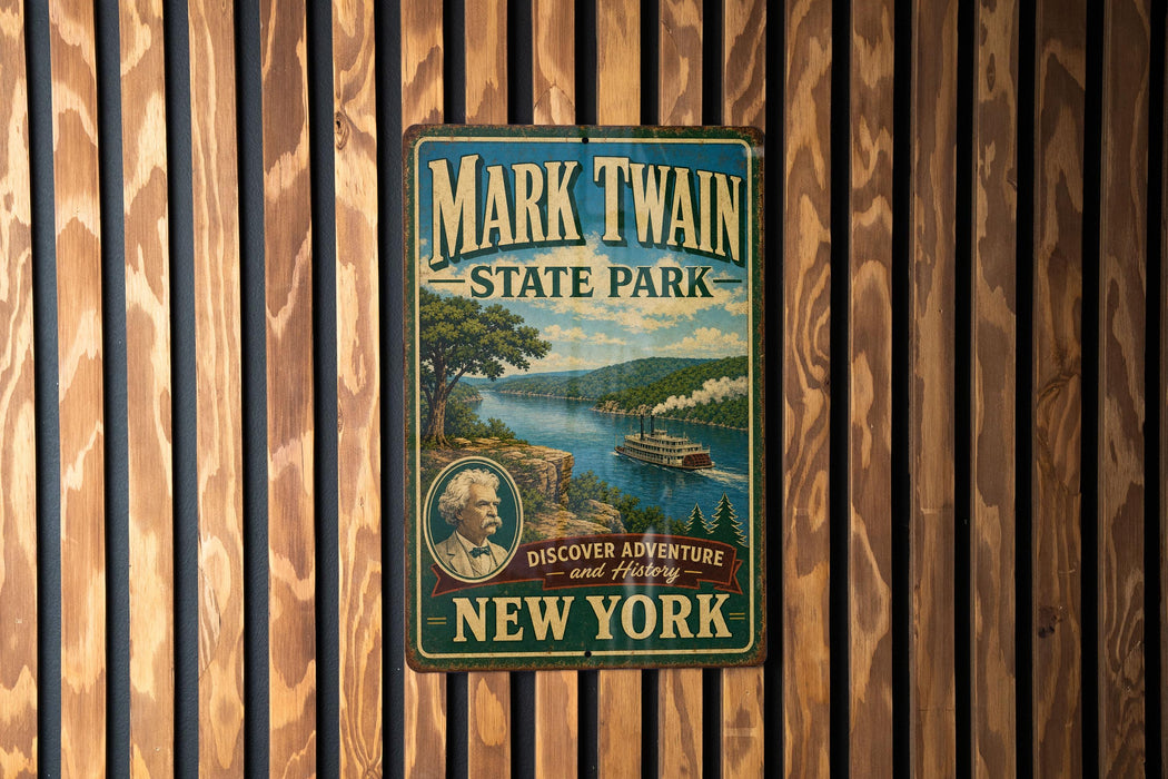A vintage metal sign for Mark Twain State Park in New York, featuring a scenic illustration of a river and a steamboat, with the text "Discovery Adventure and History" and "New York" below.