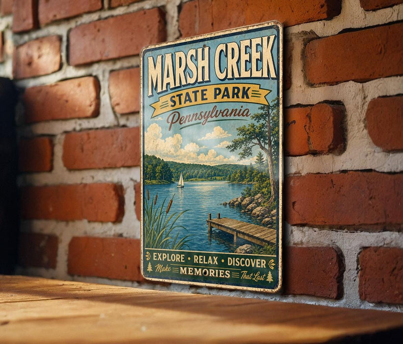 A vintage metal sign for Marsh Creek State Park in Pennsylvania, featuring a scenic illustration of a lake, dock, and surrounding forest.