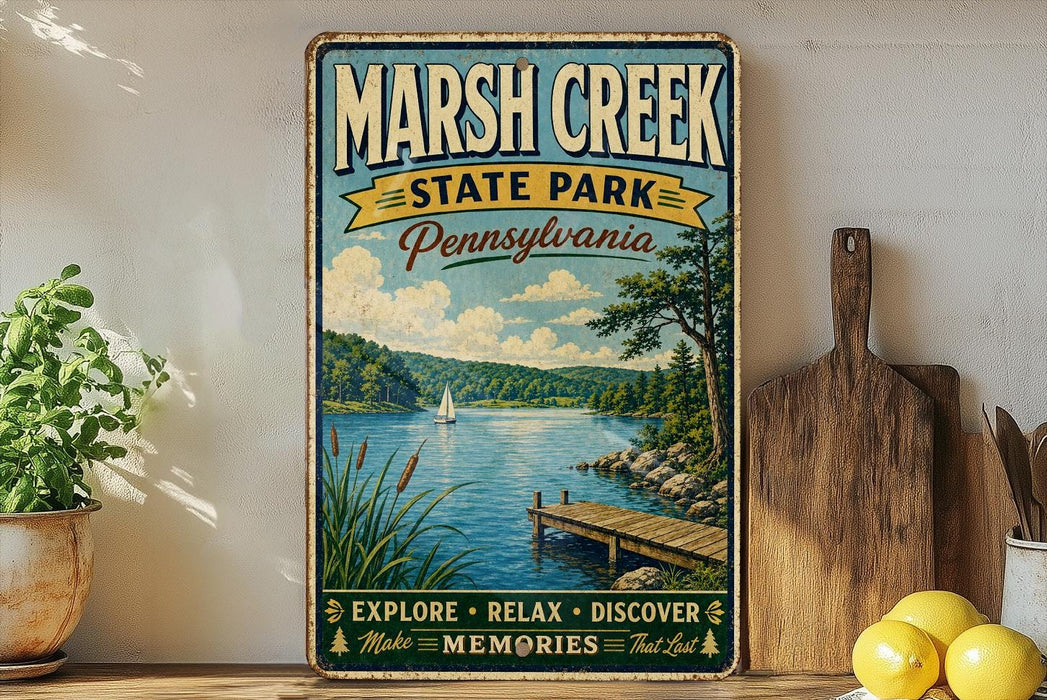 A vintage-style metal sign for Marsh Creek State Park in Pennsylvania, featuring a scenic illustration of a lake, dock, and sailboat.