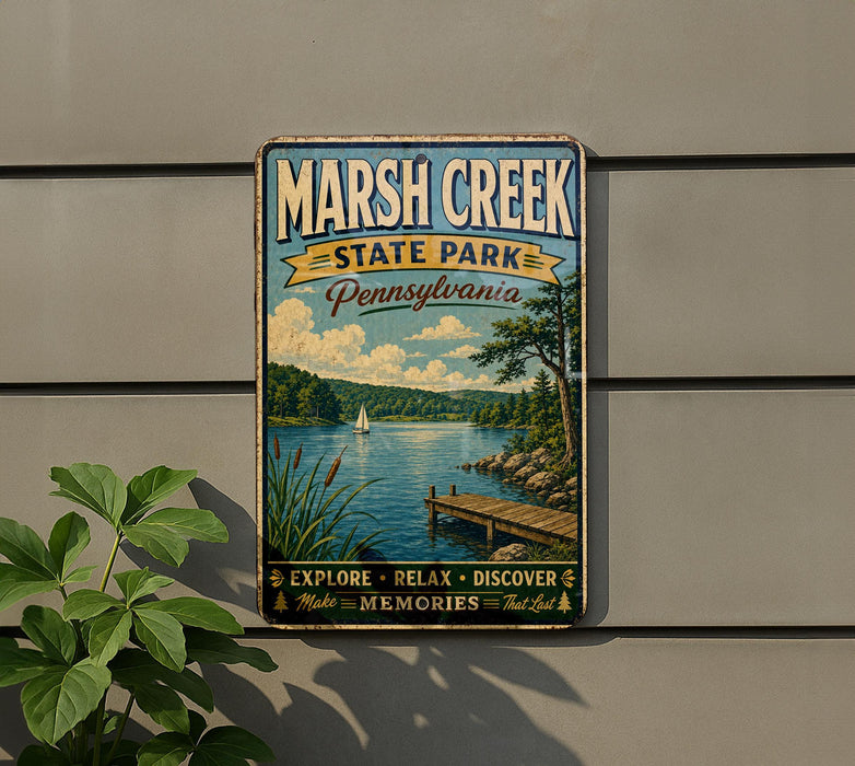 A vintage-style metal sign for Marsh Creek State Park in Pennsylvania, featuring a scenic image of a lake, dock, and sailboat.