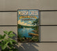 A vintage-style metal sign for Marsh Creek State Park in Pennsylvania, featuring a scenic image of a lake, dock, and sailboat.