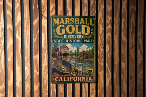 A vintage-style metal sign for Marshall Gold Discovery State Historic Park in California, featuring an illustration of a gold pan and a building.