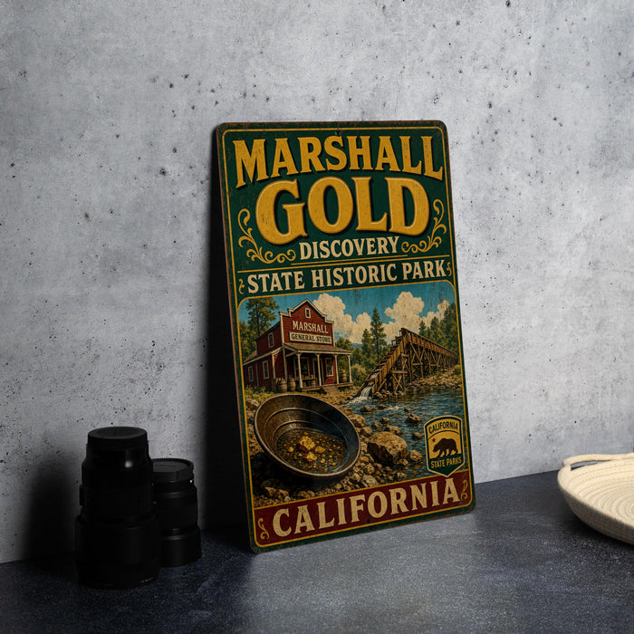 A vintage metal sign for Marshall Gold Discovery State Historic Park in California, featuring an illustration of a panning gold mine and a building.