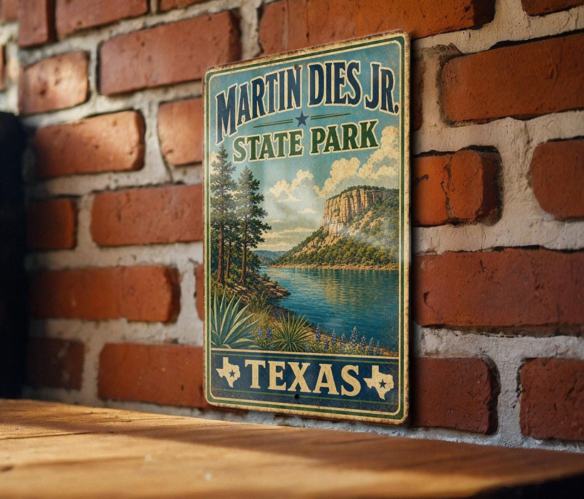 A vintage-style metal sign for Martin Dies Jr. State Park in Texas, featuring a scenic landscape with a lake and mountains.