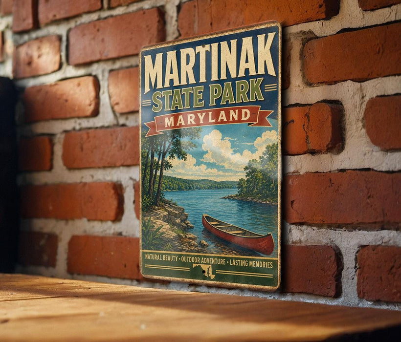 A vintage-style metal sign for Martinak State Park in Maryland, featuring a scenic image of a lake and a canoe, mounted on a brick wall.