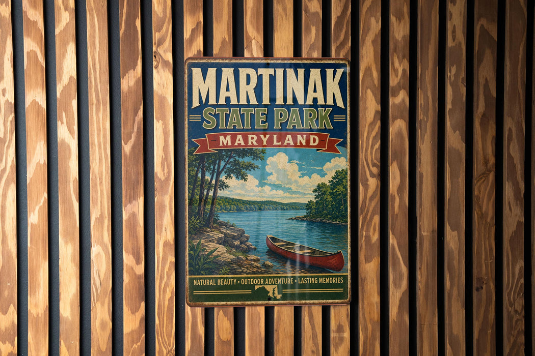 A vintage metal sign for Martinak State Park, Maryland, featuring a scenic image of a lake and a canoe, mounted on a wooden wall.