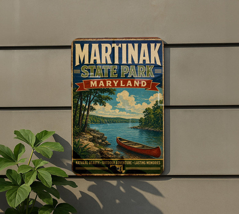 A vintage-style sign for Martinak State Park, Maryland, featuring a scenic image of a lake with a canoe, surrounded by trees and mountains.