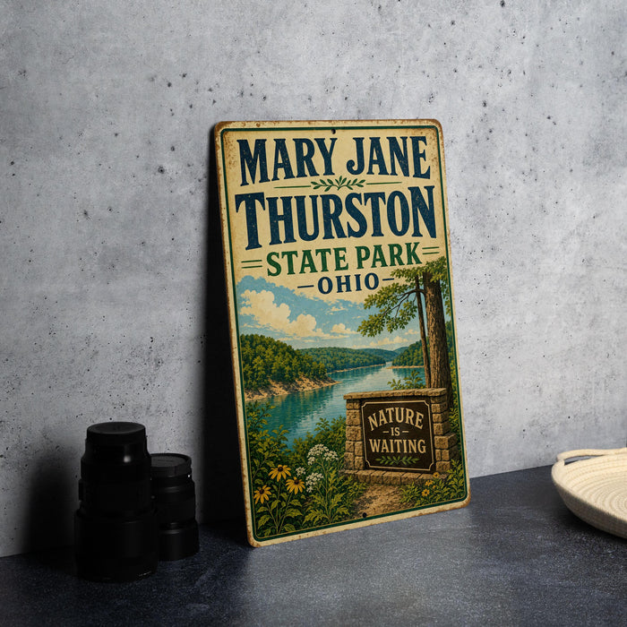 A vintage-style metal sign for Mary Jane Thurston State Park in Ohio, featuring a scenic landscape with a river and trees.
