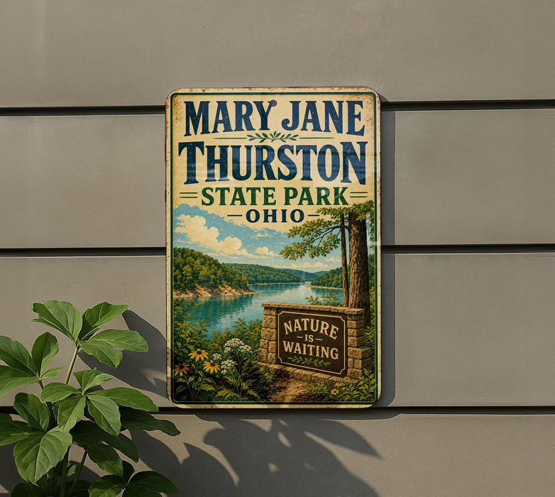 A vintage-style metal sign for Mary Jane Thurston State Park in Ohio, featuring a scenic landscape with a lake and trees.