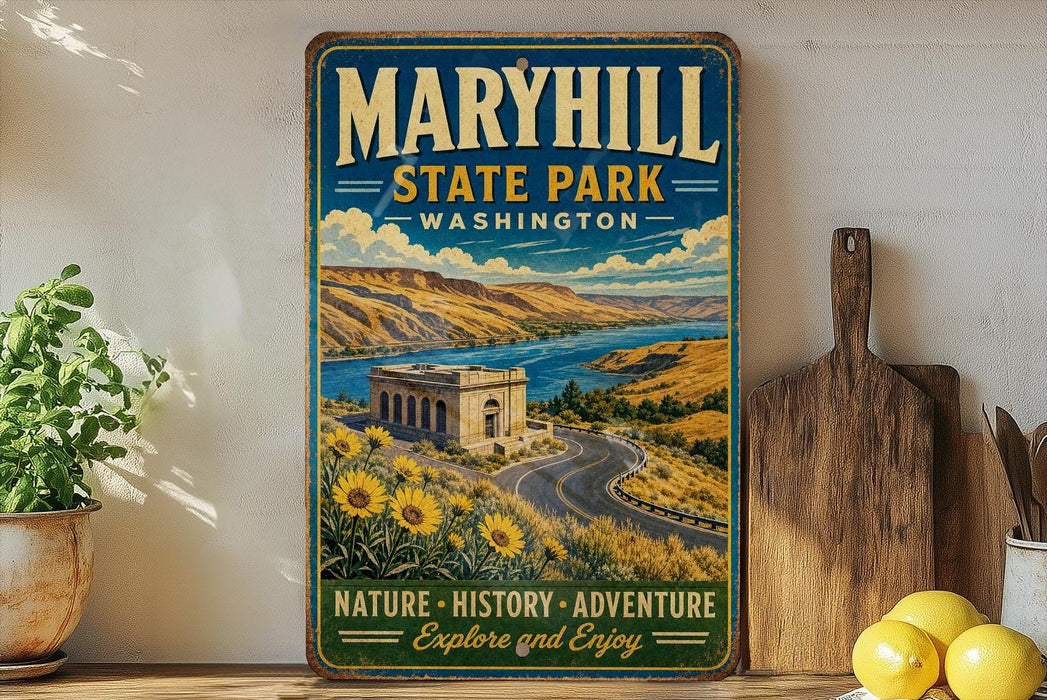 A vintage-style sign for Maryhill State Park in Washington, featuring a scenic landscape with a winding road, mountains, and a river.