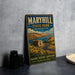 A vintage-style metal sign for Maryhill State Park in Washington, featuring a scenic landscape with a building, mountains, and a river.