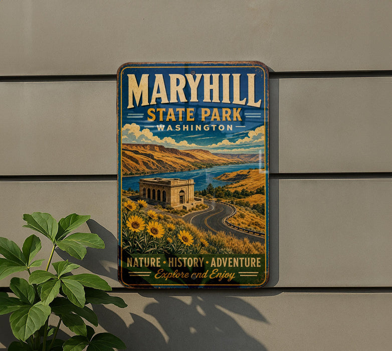 A vintage-style metal sign for Maryhill State Park in Washington, featuring a scenic landscape with mountains, a river, and a building.