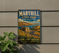 A vintage-style metal sign for Maryhill State Park in Washington, featuring a scenic landscape with mountains, a river, and a building.