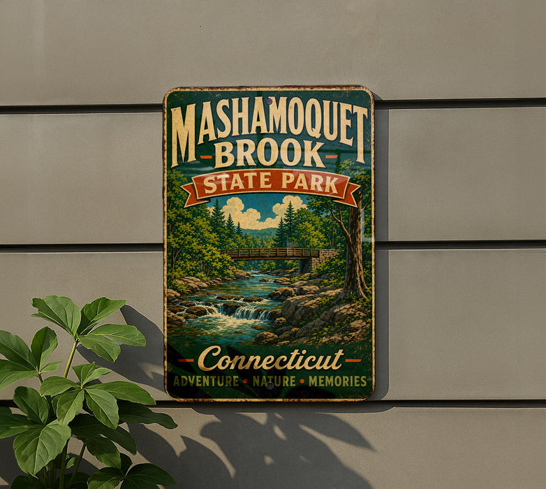 A vintage metal sign for Mashamogue State Park, featuring a scenic landscape with a river, bridge, and trees.
