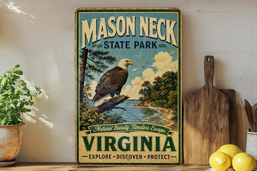 A vintage-style sign for Mason Neck State Park in Virginia, featuring an eagle perched on a tree branch with a scenic landscape in the background.