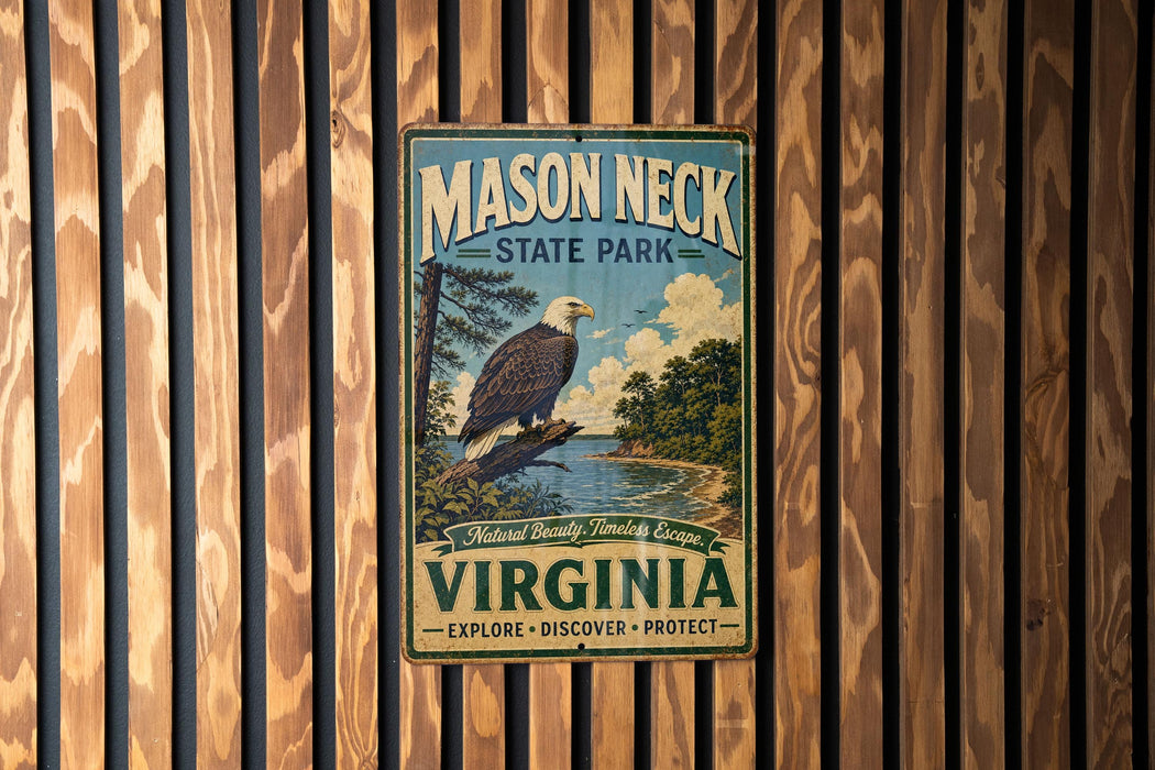 A vintage-style metal sign for Mason Neck State Park in Virginia, featuring an eagle perched on a tree branch and the text "Mason Neck State Park" prominently displayed.