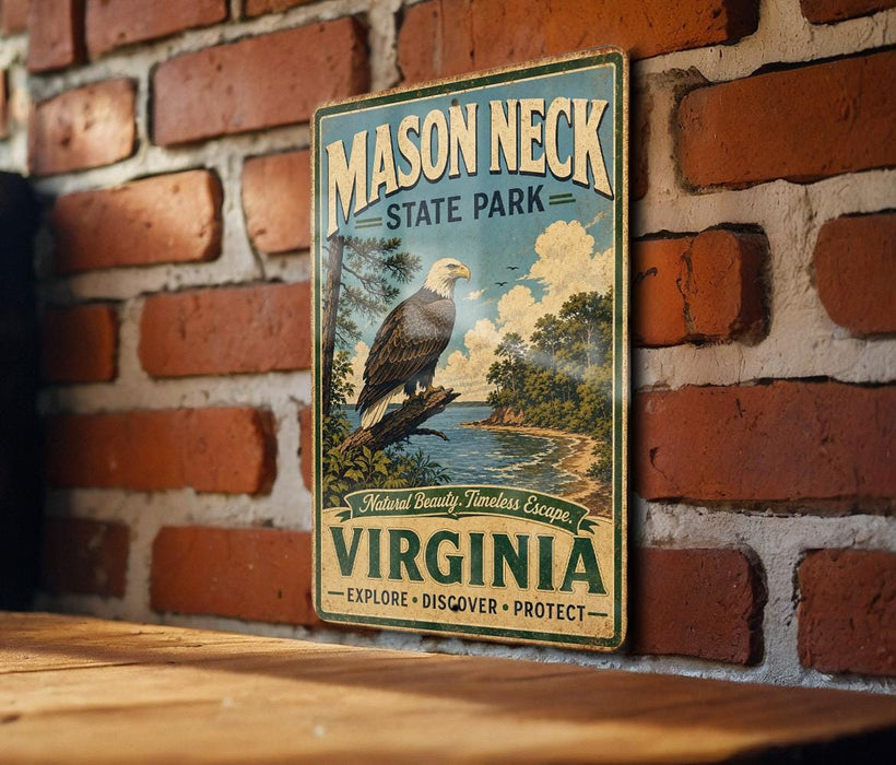 A vintage-style metal sign for Mason Neck State Park in Virginia, featuring an eagle perched on a tree branch and the text "Mason Neck State Park" prominently displayed.