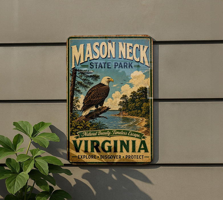 A vintage-style metal sign for Mason Neck State Park in Virginia, featuring an eagle and a scenic landscape.