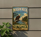 A vintage-style metal sign for Mason Neck State Park in Virginia, featuring an eagle and a scenic landscape.